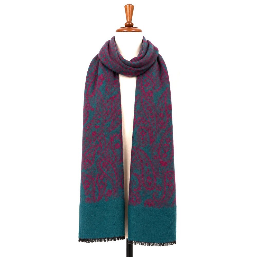 Jacobson's Scarf Made in France Paisley Print Magenta Teal Eyelash Trim